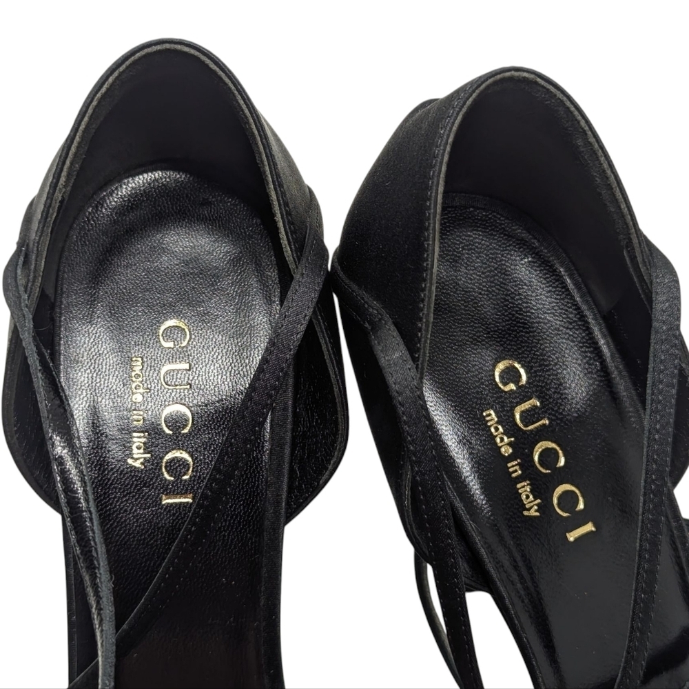Gucci Black Satin Strappy Pointed Dress Up Evening Heels Stiletto Size 9B - Picture 3 of 14